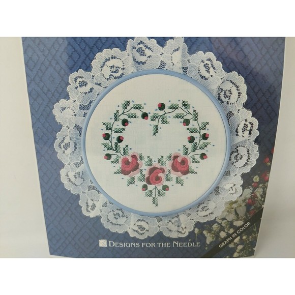 Mini Classics Stamped Cross Stitch Kit Pattern 3601 Rose Floral Heart Lace NEW - Picture 3 of 6